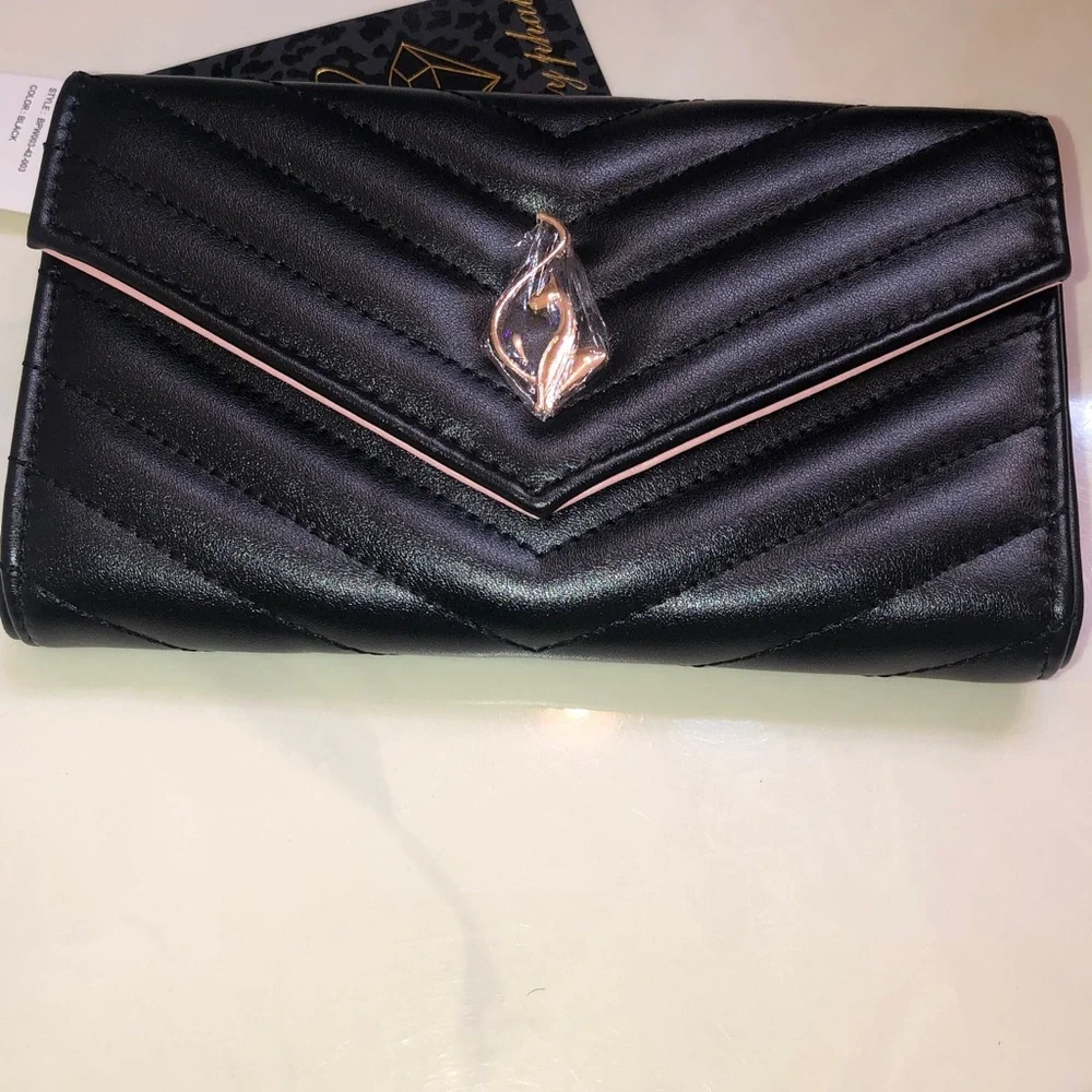 Baby Phat Black Faux Leather Quilted Chevron Flap Clutch Wallet Cat Logo NWT